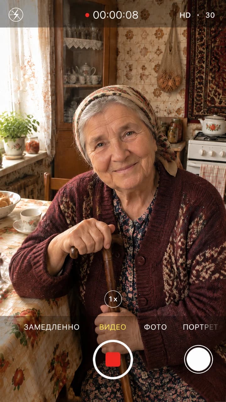 Пожилая женщина с тростью на старой кухне — иллюстрация